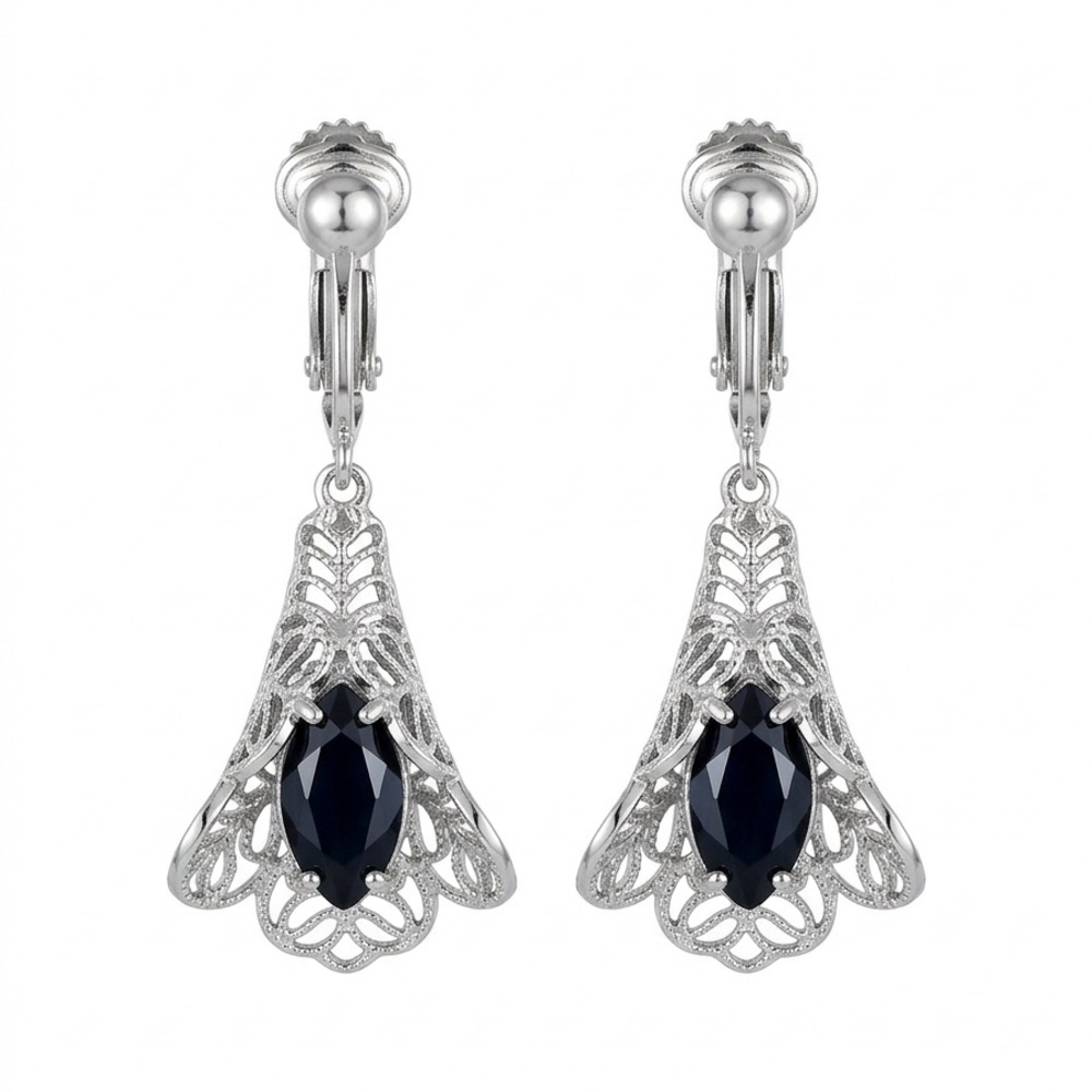Signed Sarah Coventry Black Onyx Filigree Dangle Vintage Clip-On Earrings